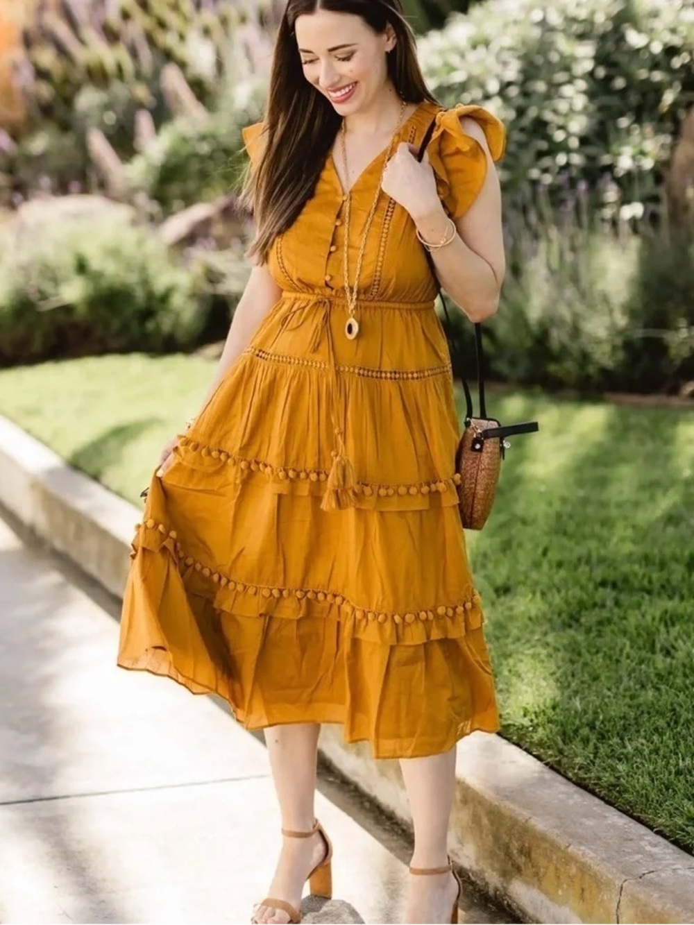 j.crew | point sur pom pom flutter sleeve midi dress golden mustard size 12